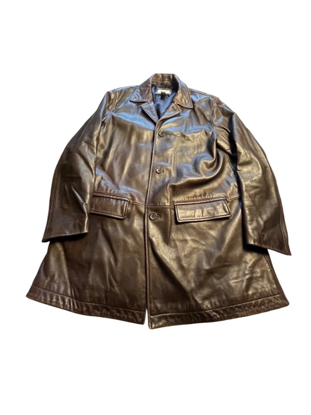 Merona Mens L Genuine Leather Coat brown, slightly distressed, pockets buttons